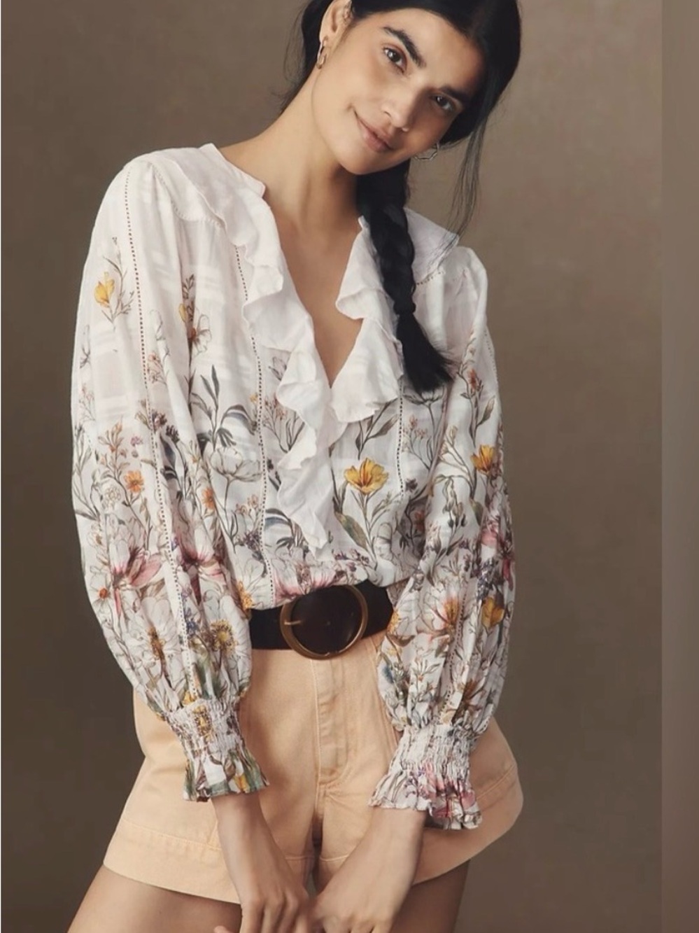 Anthropologie White Floral Ruffle V-Neck Blouse with Multicolor Blooms